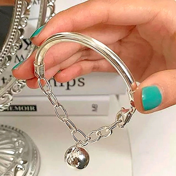 Silver Ball Drop Bracelet Chain Link Half Moon Minimalist Bangle - Picture 5 of 7